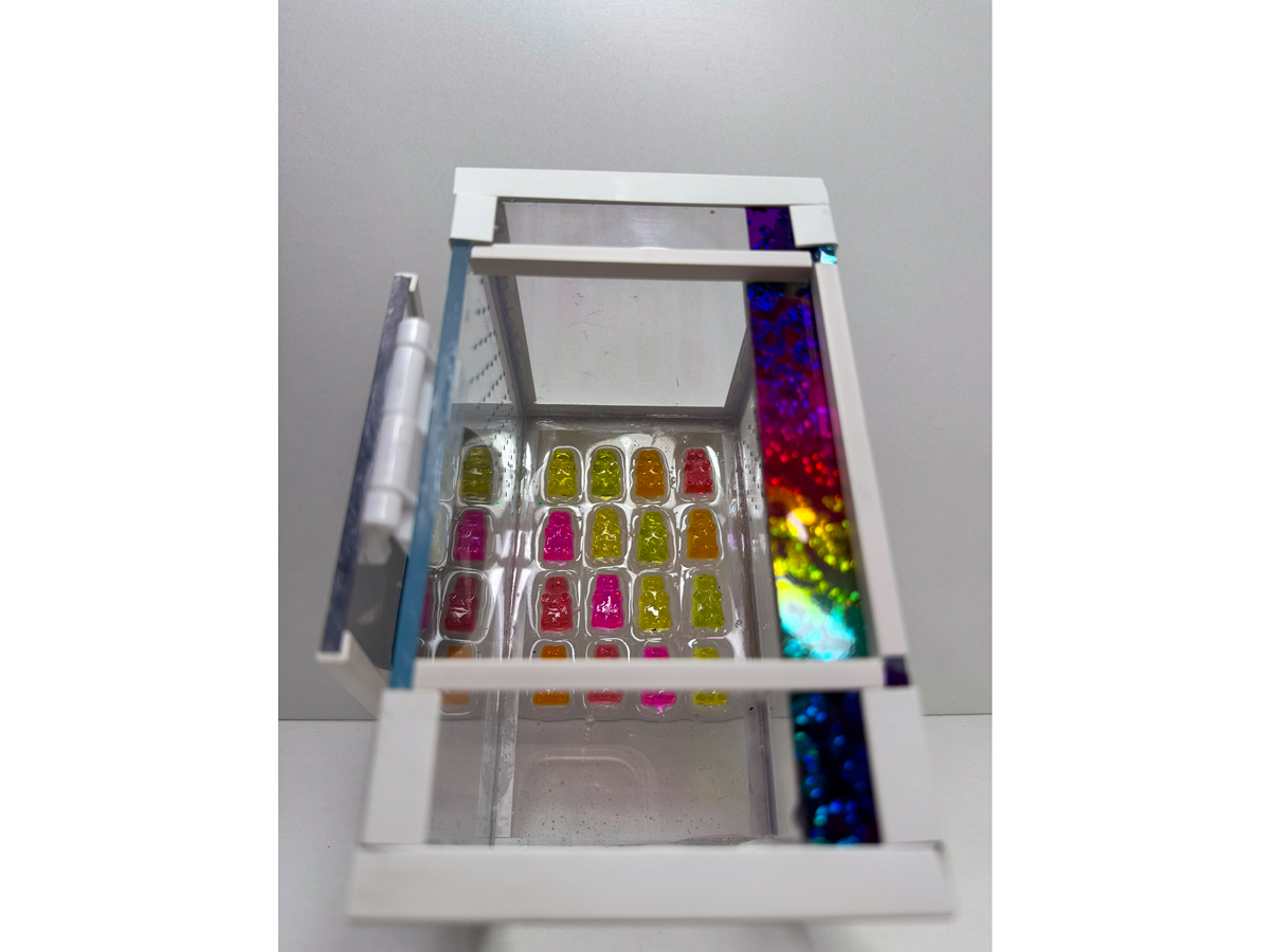 Acrylglasterrium Terrarium zur Aufzucht junger Springspinnen mit bunten Gummibären aus Epoxidharz von vorne gekippt