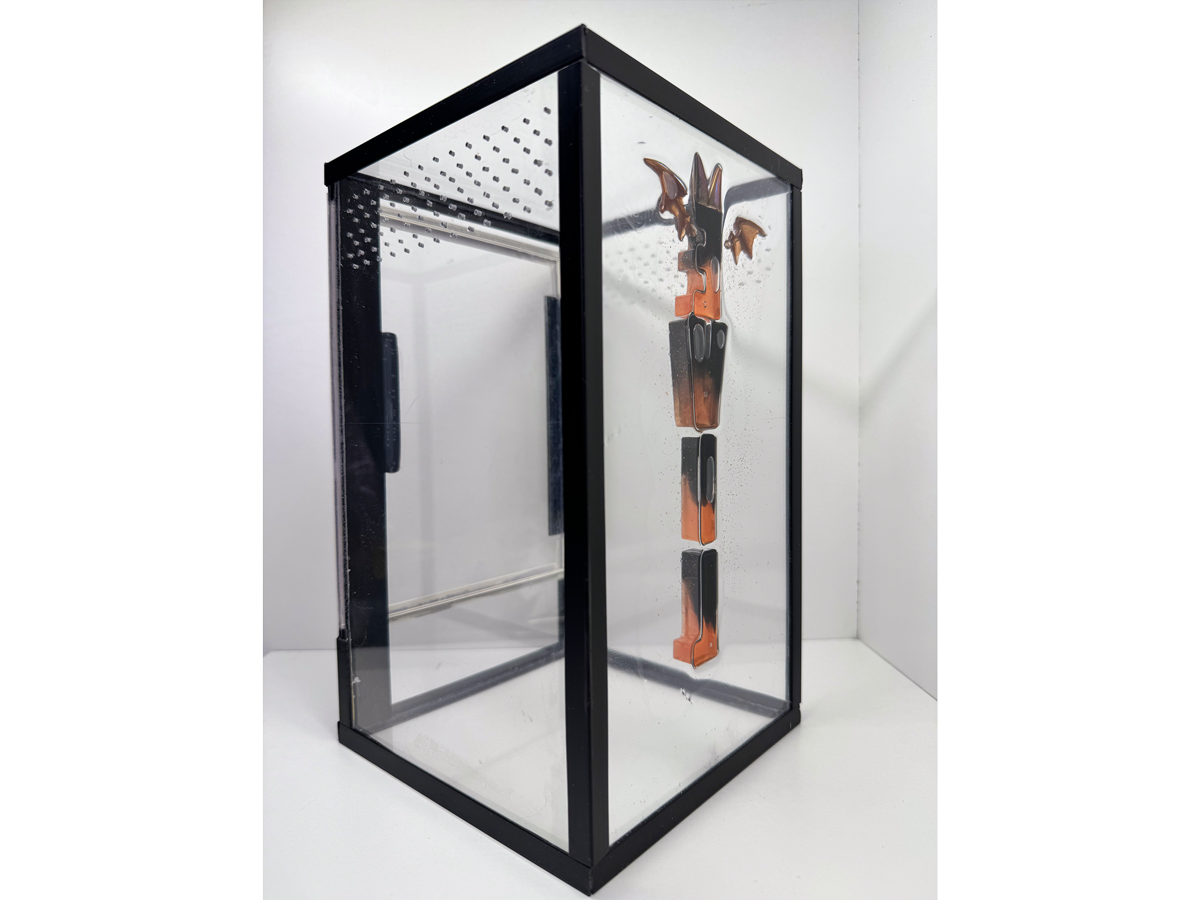 Acrylglasterrarium für baumbewohnende Vogelspinnen und Springspinnen mit schwarzem Rahmen und dekorativem Schriftzug aus Epoxidharz von hinten