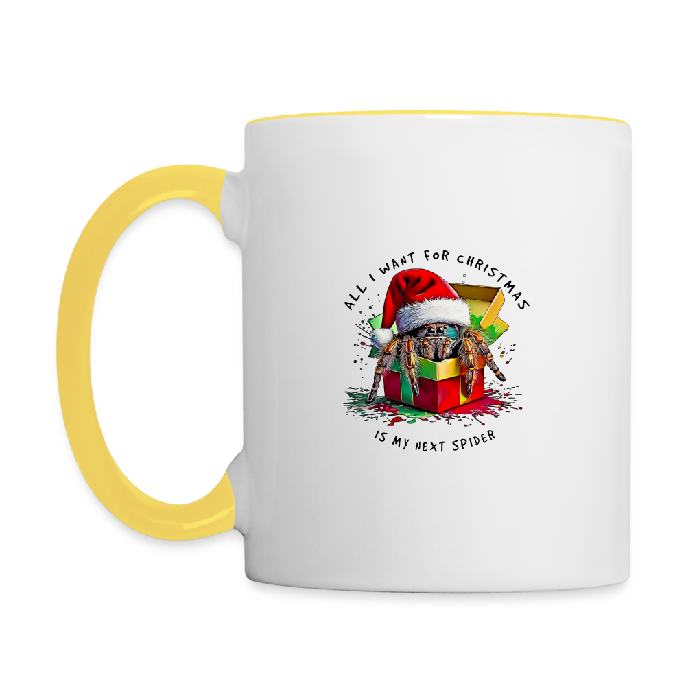 Tasse zweifarbig Weihnachtsgeschenk Springspinne All I want for Christmas - Weiß/Gelb