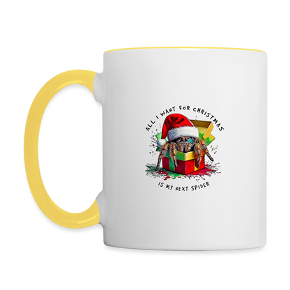 Tasse zweifarbig Weihnachtsgeschenk Springspinne All I want for Christmas - Weiß/Gelb