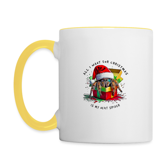Tasse zweifarbig Weihnachtsgeschenk Springspinne All I want for Christmas - Weiß/Gelb