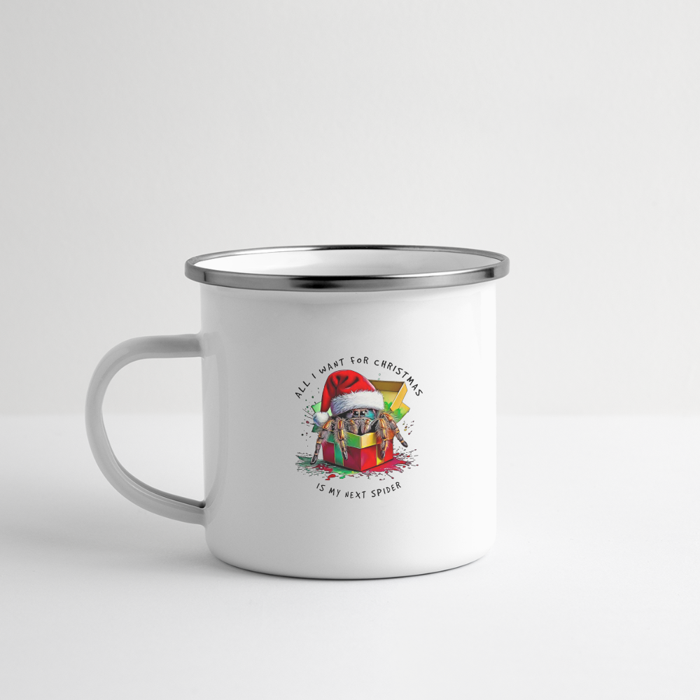 Emaille-Tasse Weihnachtsgeschenk Springspinne All I want for Christmas - Weiß