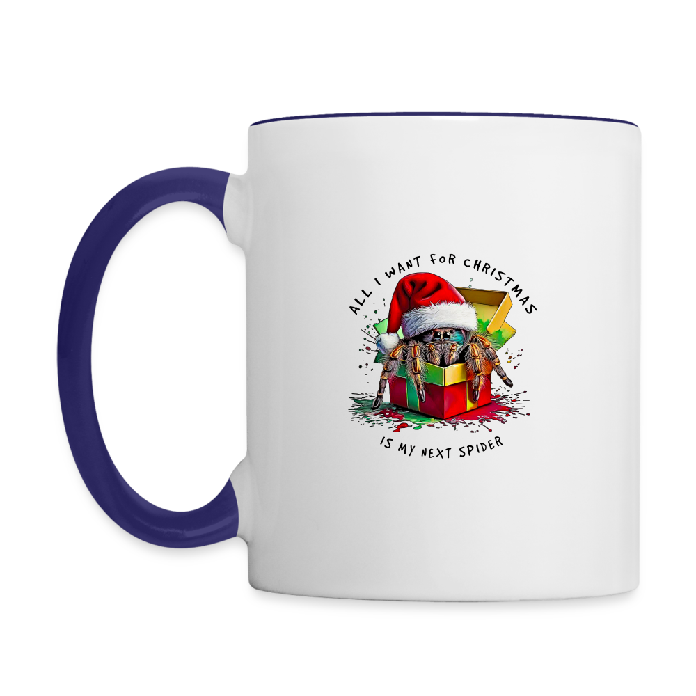 Tasse zweifarbig Weihnachtsgeschenk Springspinne All I want for Christmas - Weiß/Kobaltblau