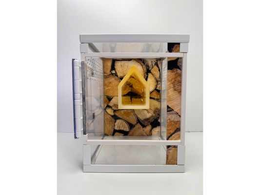 Acrylglasterrarium für Springspinnen und Baumbewohner mit folierter Rückwand in Holzoptik und Versteckmöglichkeit aus Epoxidharz
