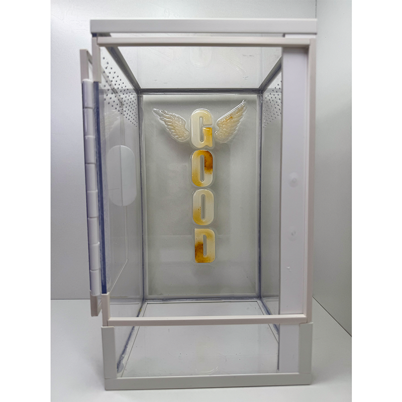 Acrylglasterrarium für baumbewohnende Vogelspinnen und Springspinnen mit weissem Rahmen und Buchstaben aus Epoxidharz mit offener Tür von vorne