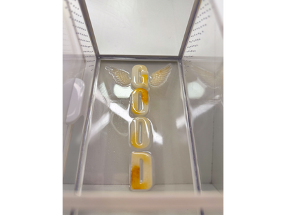 Schriftzug aus Epoxidharz in einem Terrarium für baumbewohnende Spinnen in weiss und gold mit Flügeln