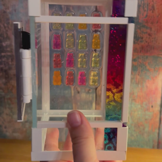 Video von einem Acrylglasterrarium mit bunten Gummibären aus Epoxidharz Terrarium für Springspinnen 