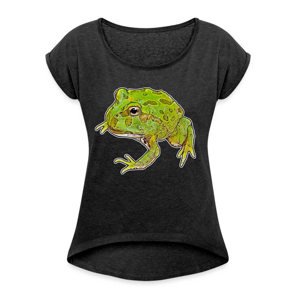 Frauen T-Shirt mit gerollten Ärmeln Ceratophrys cranwelli Peppermint Blue - Schwarz meliert