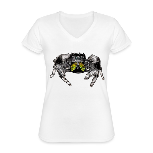 Frauen-T-Shirt mit V-Ausschnitt Phidippus regius Rastafari male - weiß