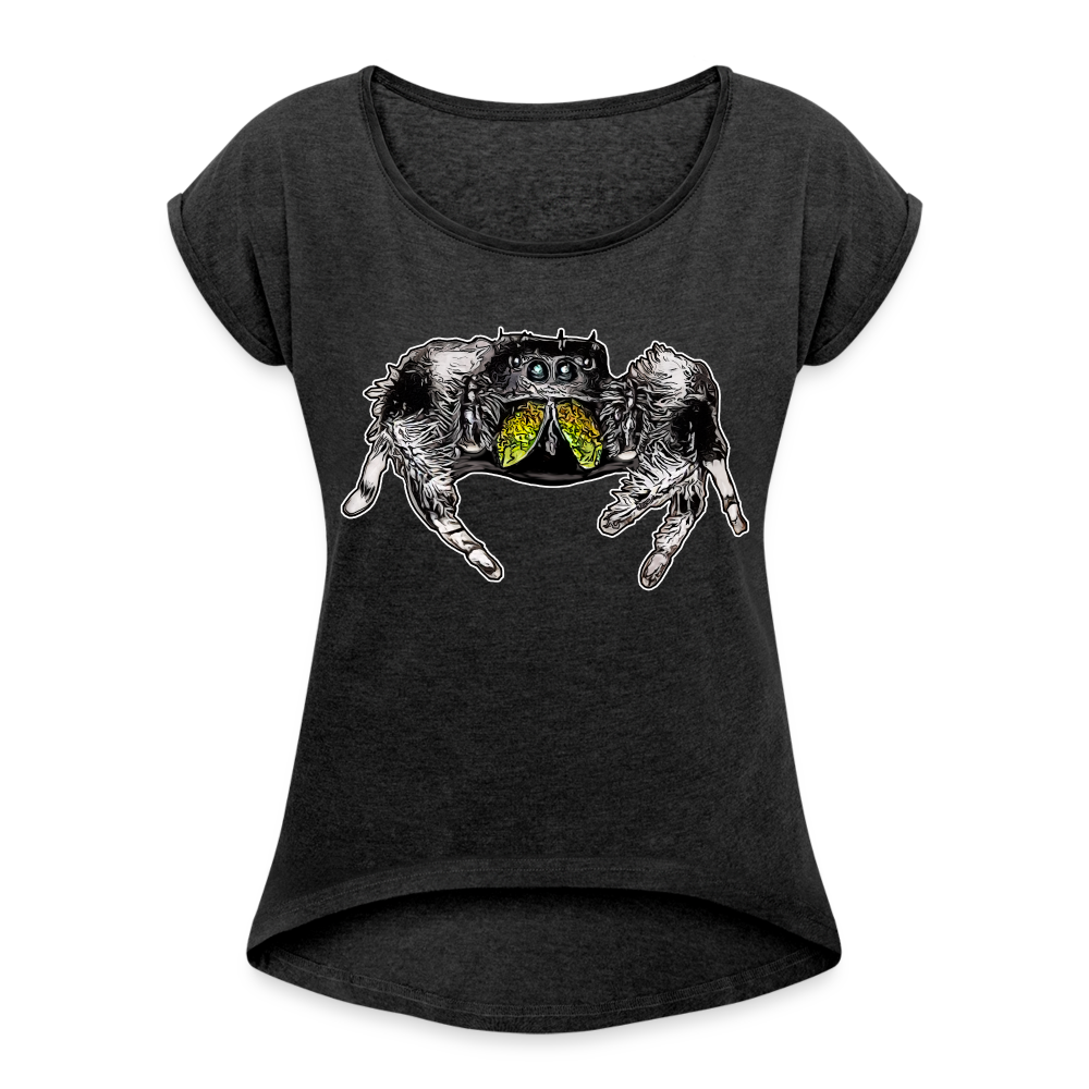 Frauen T-Shirt mit gerollten Ärmeln Phidippus regius Rastafari male - Schwarz meliert