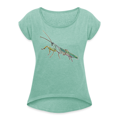 Frauen T-Shirt mit gerollten Ärmeln Sphodromantis lineola male - Minze meliert