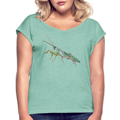 Frauen T-Shirt mit gerollten Ärmeln Sphodromantis lineola male - Minze meliert