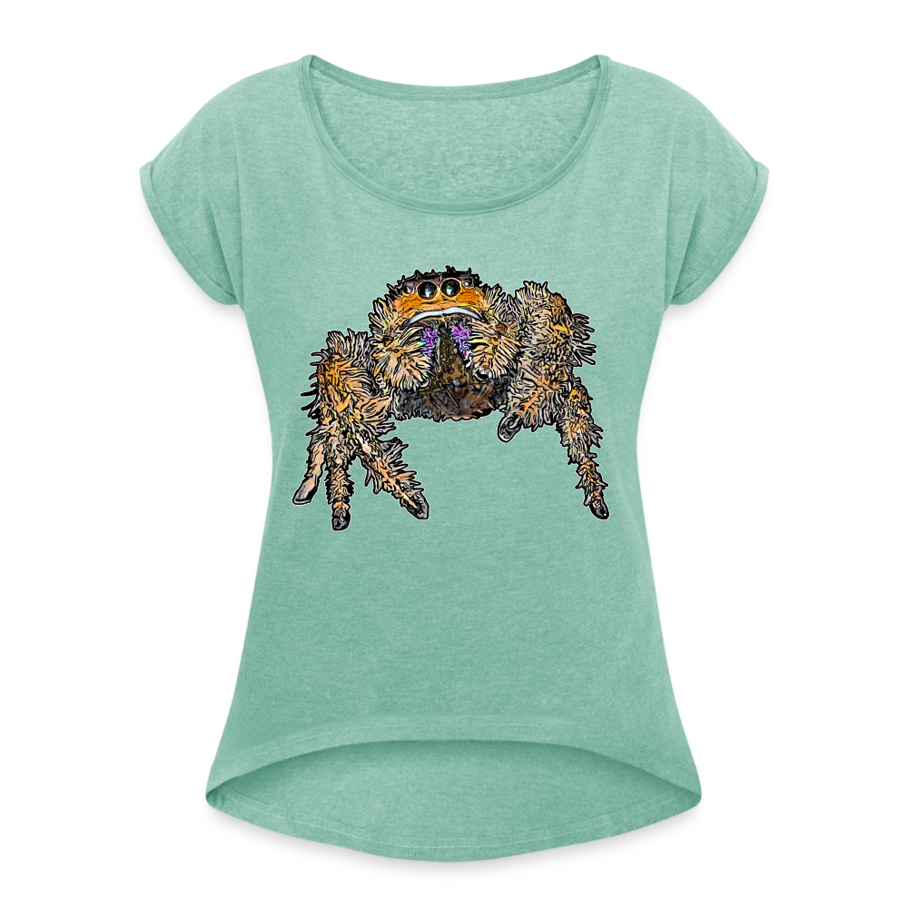 Frauen T-Shirt mit gerollten Ärmeln Phidippus regius Everglades female - Minze meliert