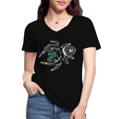 Frauen-T-Shirt mit V-Ausschnitt Phidippus regius White Bahamas male - Schwarz